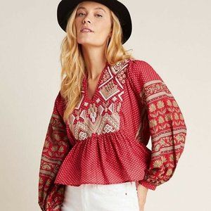 Anthropologie Keira Embroidered Peplum Red Boho blouse 4